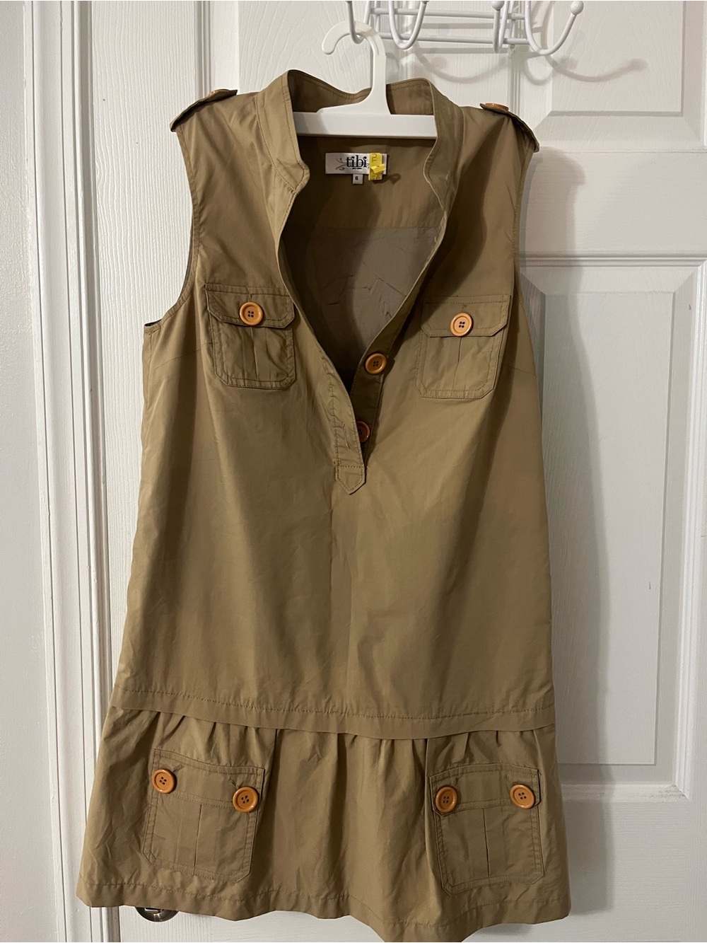 Tibi Khaki Sleeveless Mini Dress with Button Details
